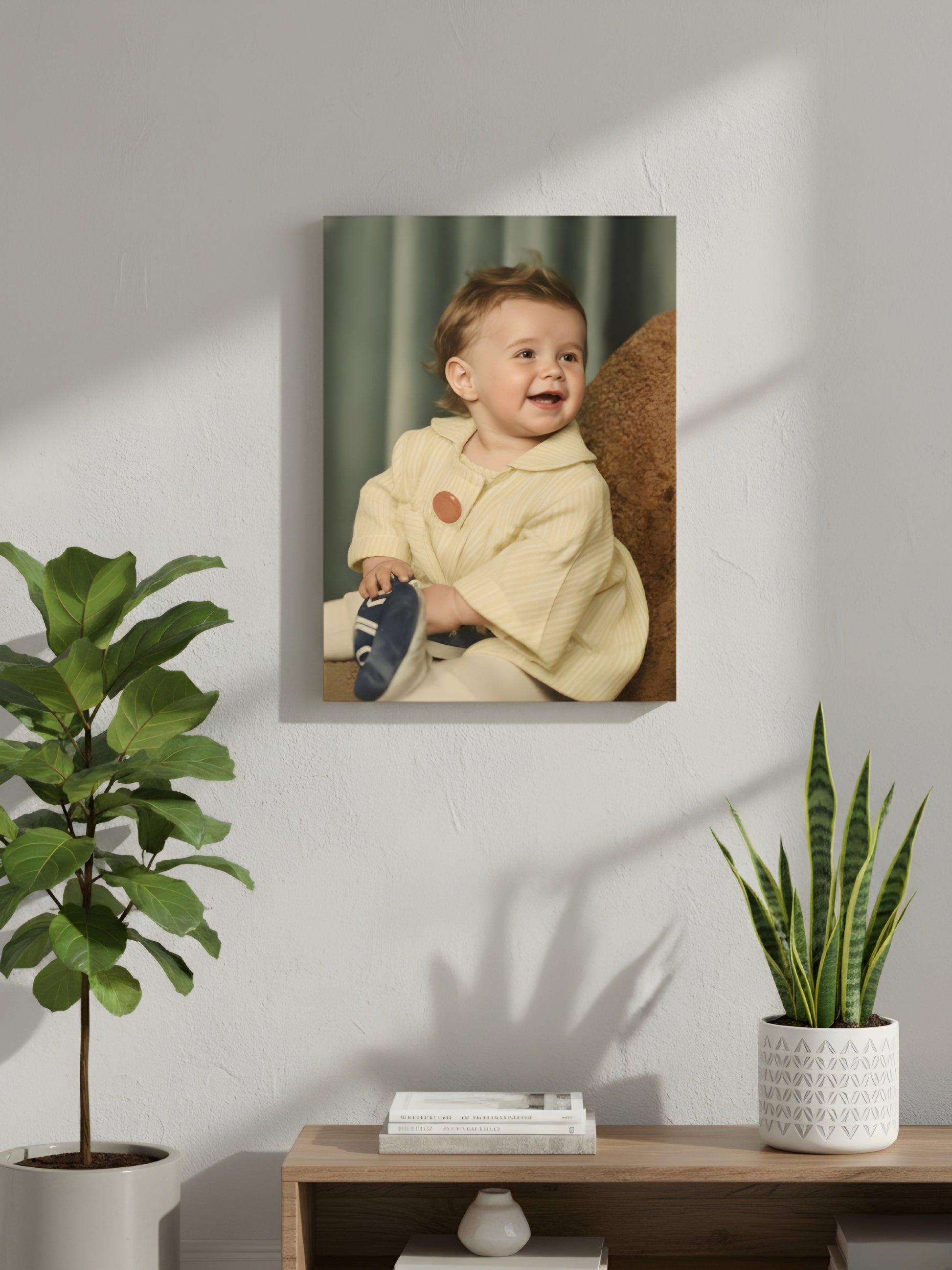 High-quality textured blocked canvas print showing professional hand-wrapped wooden frame detail