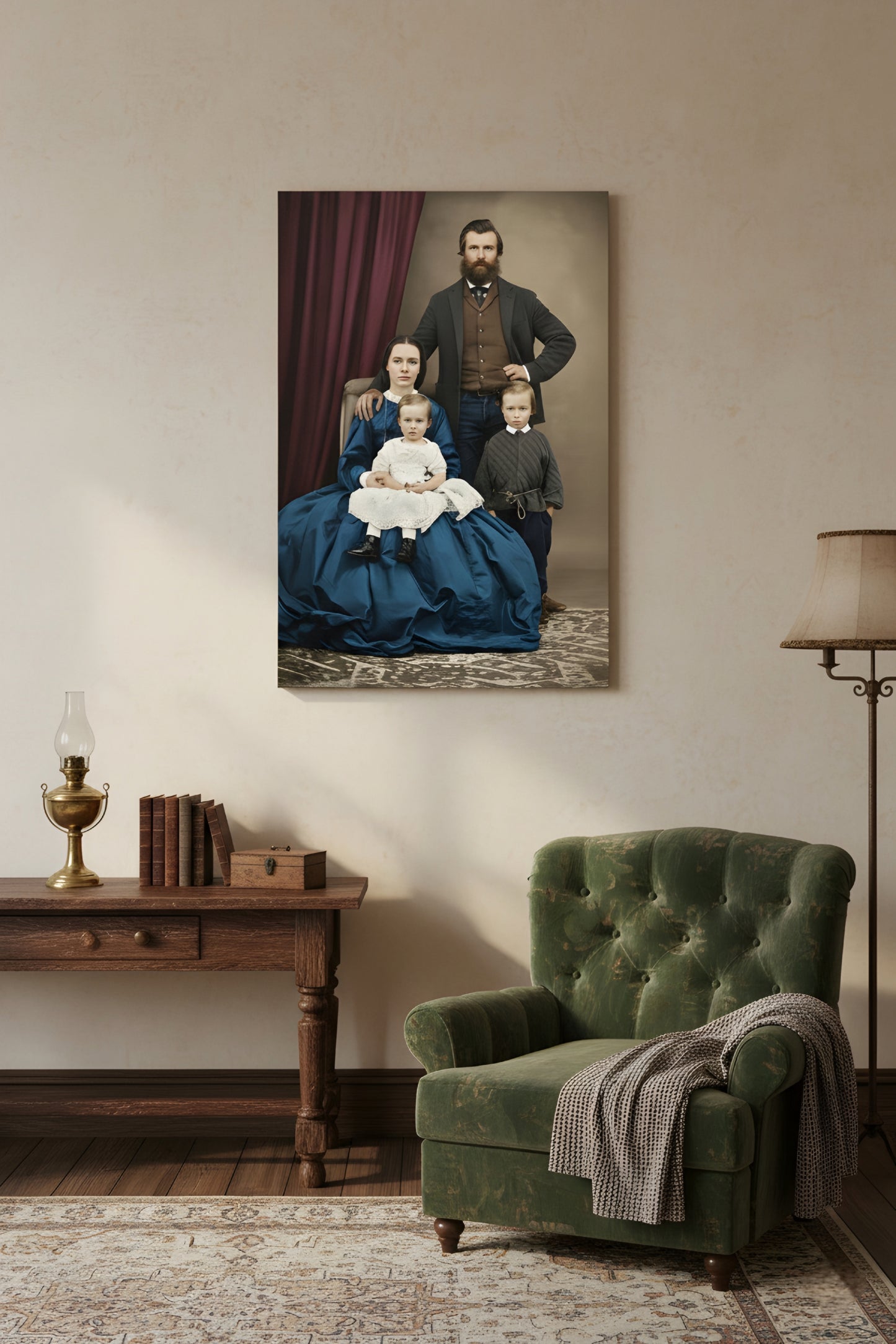 Professional photo restoration before and after showing a repaired and colorized vintage family portrait